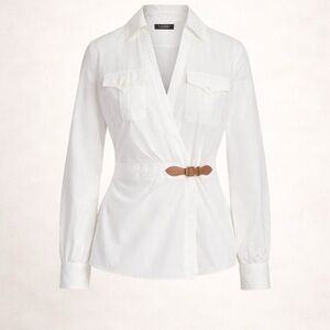 Lauren Ralph Lauren White Buckle Trim Shirt with  Brown Belt XL NWT